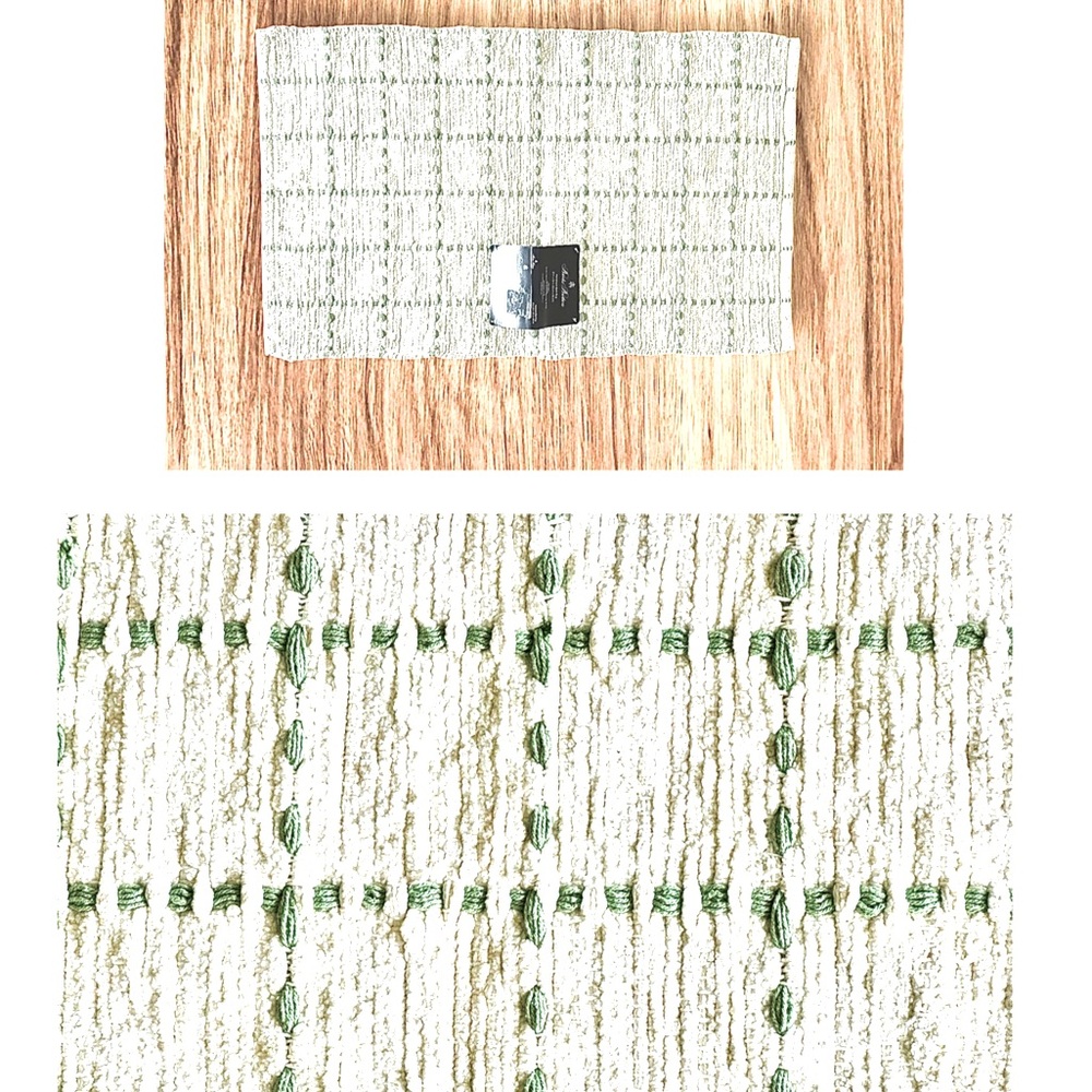 Brooks Brothers Bath Mat Lg Cotton Bath Rug  Ivory W/ Green Embroidery Squares